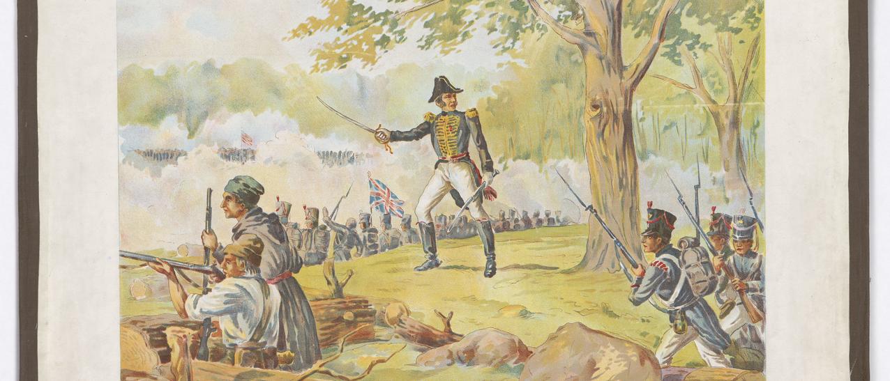 Gravure illustrant De Sallaberry, debout, menant des troupes canadiennes 
