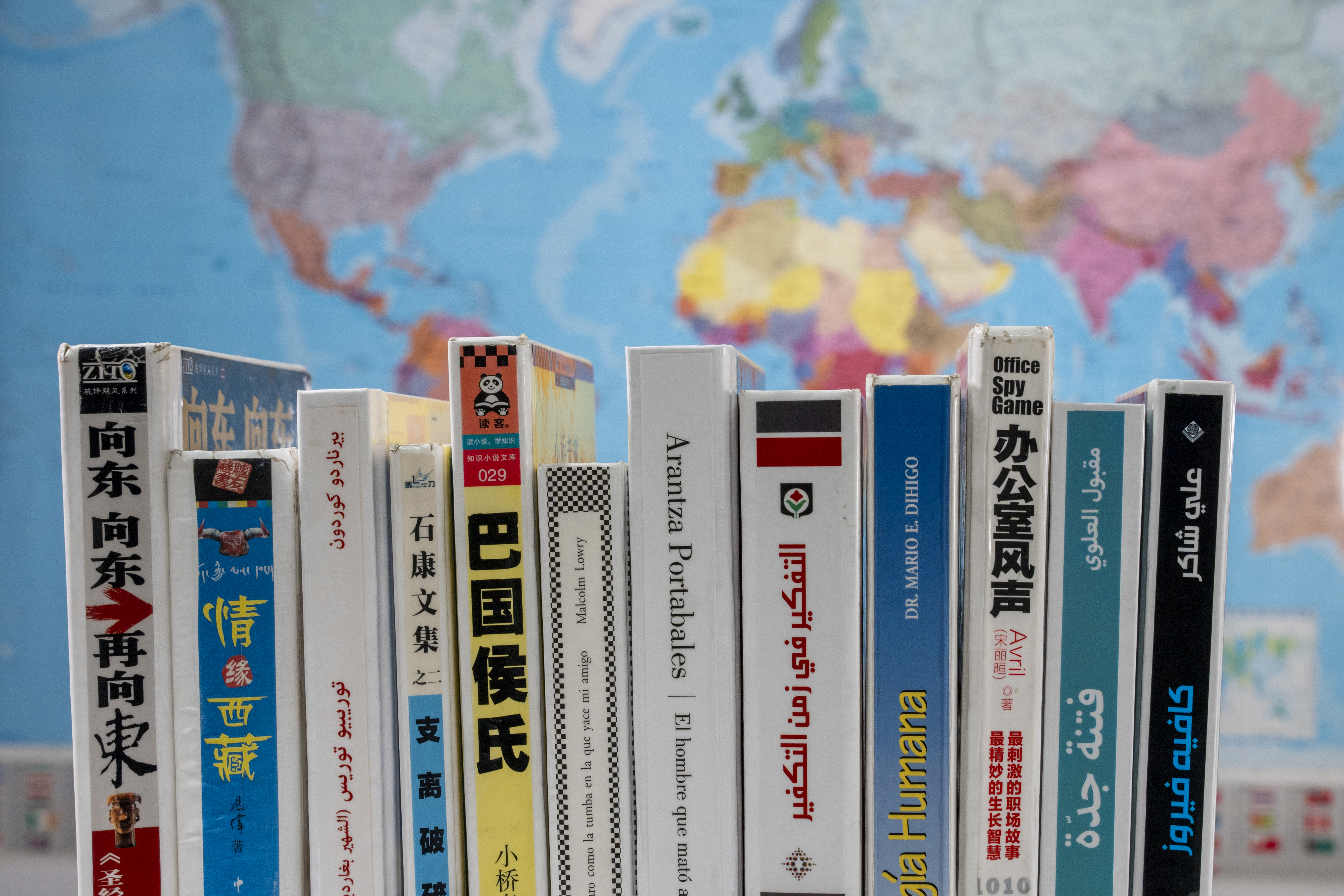 Livres en arabe, en chinois et en espagnol devant une carte du monde.