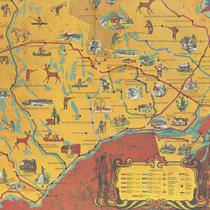 Carte illustrée de la région des Laurentides, sur laquelle apparaissent des ornements tels des scènes de chasse et de pêche et des animaux sauvages.  