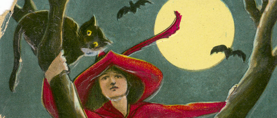 Une sorcière en robe rouge dans un arbre avec des chats