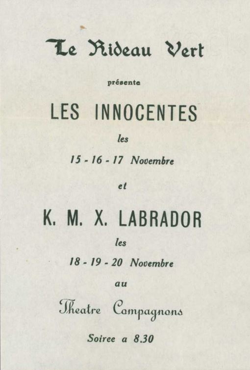 Les innocentes au Théâtre des Compagnons, feuillet publicitaire pour la reprise en novembre 1949.