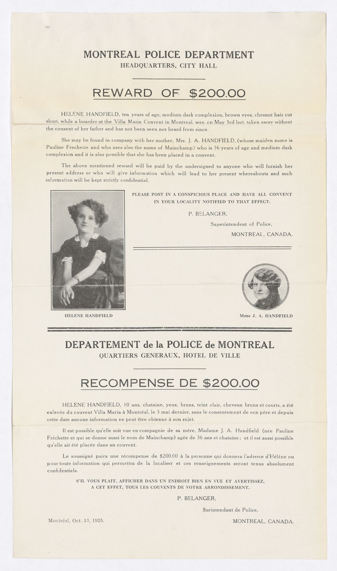 Avis de recherche de Hélène Handfield, 10 ans, affiche, 1925.