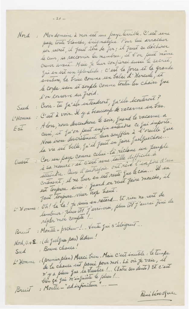 Aux quatre vents, p. 21, dernière page du texte manuscrit signé par René Lévesque, [1943].