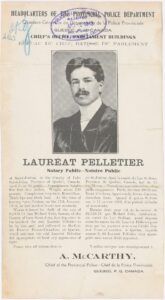 Avis de recherche de Lauréat Pelletier, notaire, affiche, 1913.