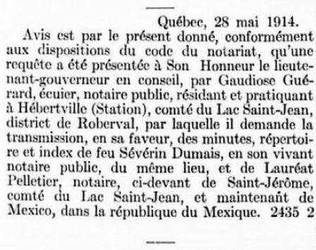 Gazette officielle du Québec, 6 juin 1914, p. 1394.