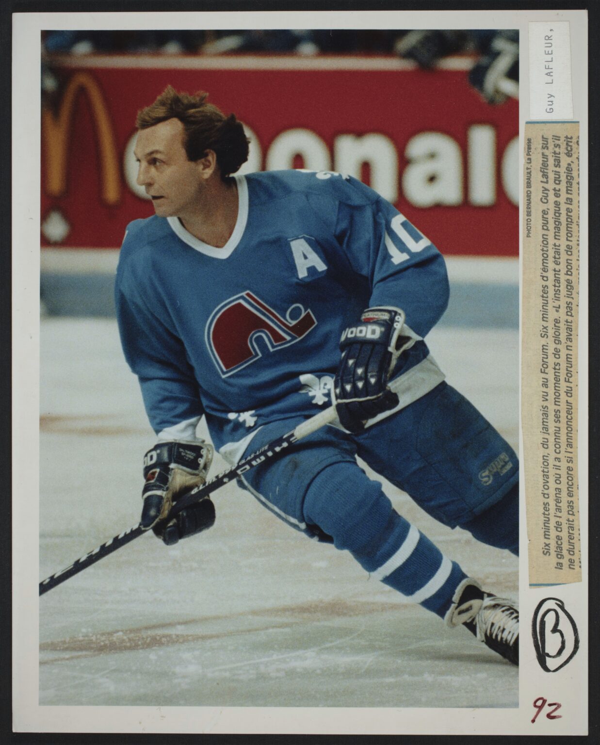 Le 30 mars 1991, après une saison dans l’uniforme des Rangers de New York, Guy Lafleur termine sa brillante carrière avec les Nordiques de Québec. Il aura cumulé 24 buts et 38 aides durant ses deux dernières années dans la LNH.