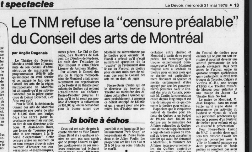 Le Devoir, mercredi 31 mai 1978, p. 13.
