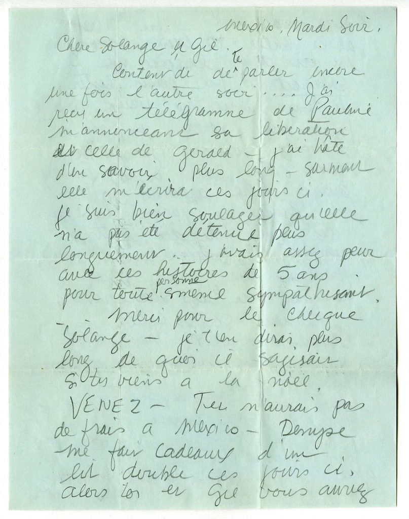 Lettre d’Alan Glass à Solange Legendre dans laquelle il parle de la libération de Pauline Julien et de Gérald Godin (p. 1), [octobre 1970]. 
