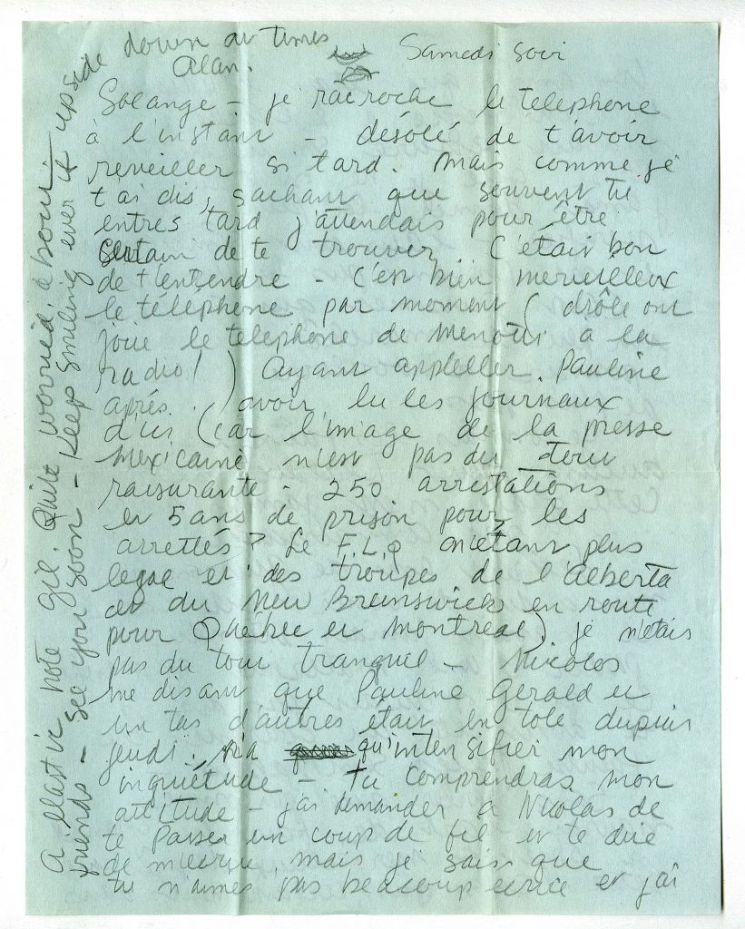 Lettre d’Alan Glass à Solange Legendre dans laquelle il parle de l’arrestation de Pauline Julien et de Gérald Godin (p. 1), [octobre 1970]. 