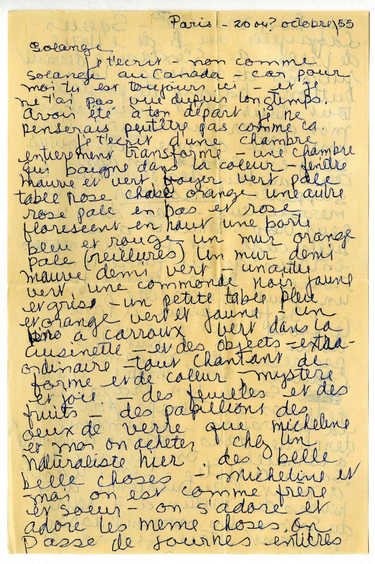 Lettre d’Alan Glass à Solange Legendre, rentrée à Montréal, dans laquelle il décrit son logement parisien (p. 1), octobre 1955