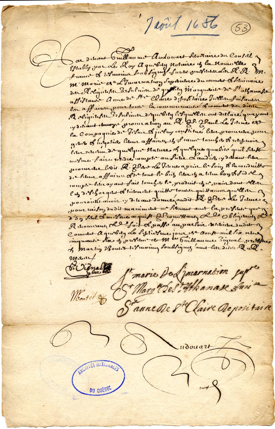 Quittance des révérendes mères Ursulines de Québec au révérend père Paul Le Jeune, Québec, 7 août 1656.