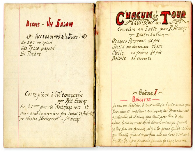 Scénario de la comédie Chacun son tour de Paul Hébert, 22 novembre 1913.