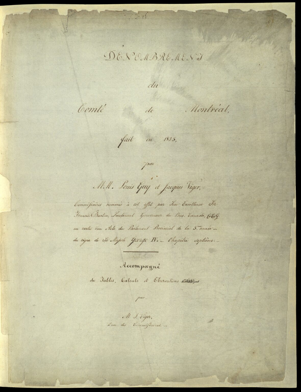 Dénombrement du comté de Montréal fait en 1825 par MM. Louis Guy et Jacques Viger..., page couverture, 1825