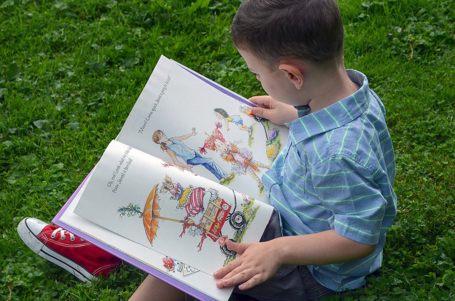 Petit garçon regardant un livre.