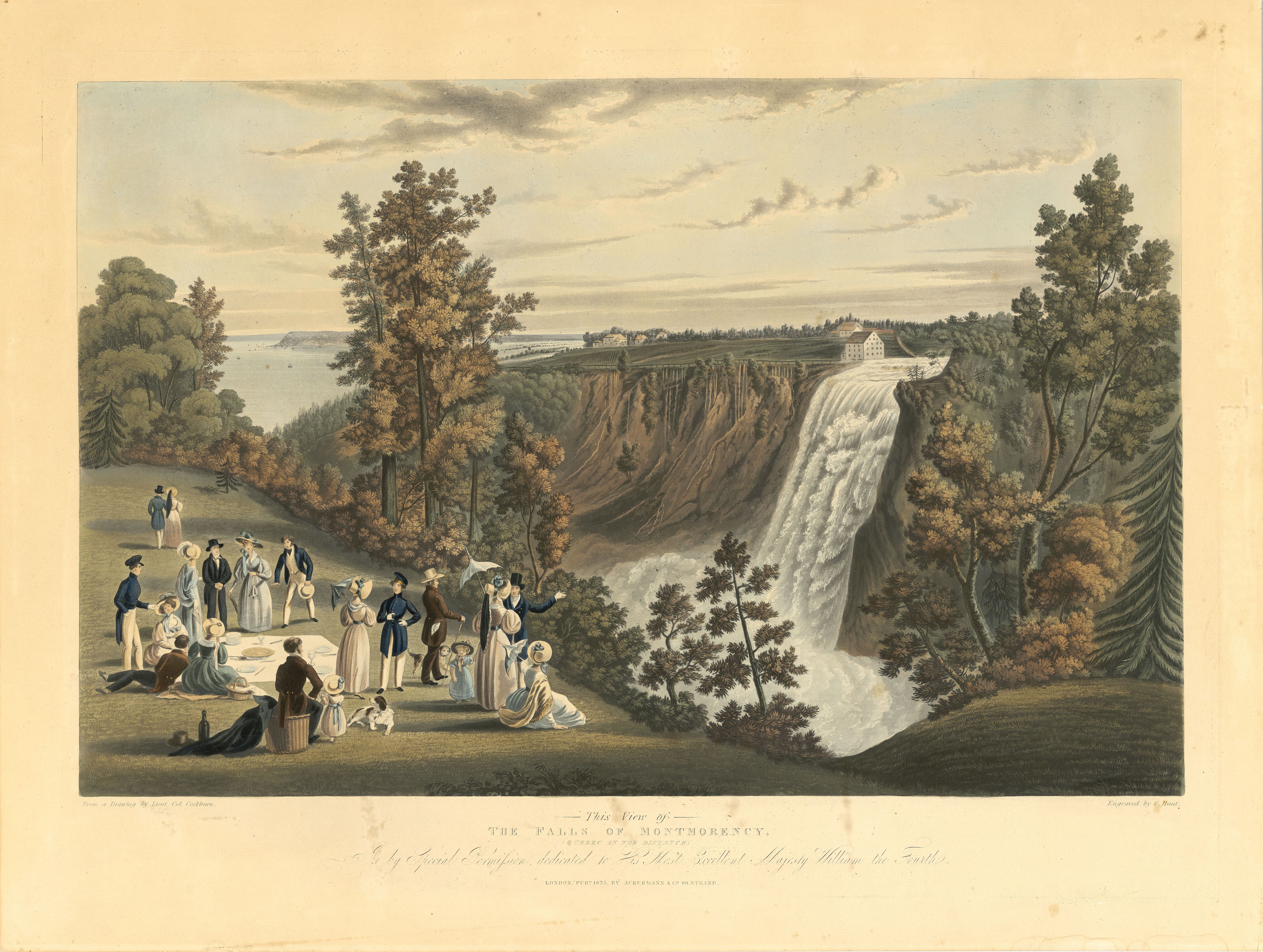 Vue des chutes Montmorency, gravure de James Pattison Cockburn publiée à Londres en 1833.