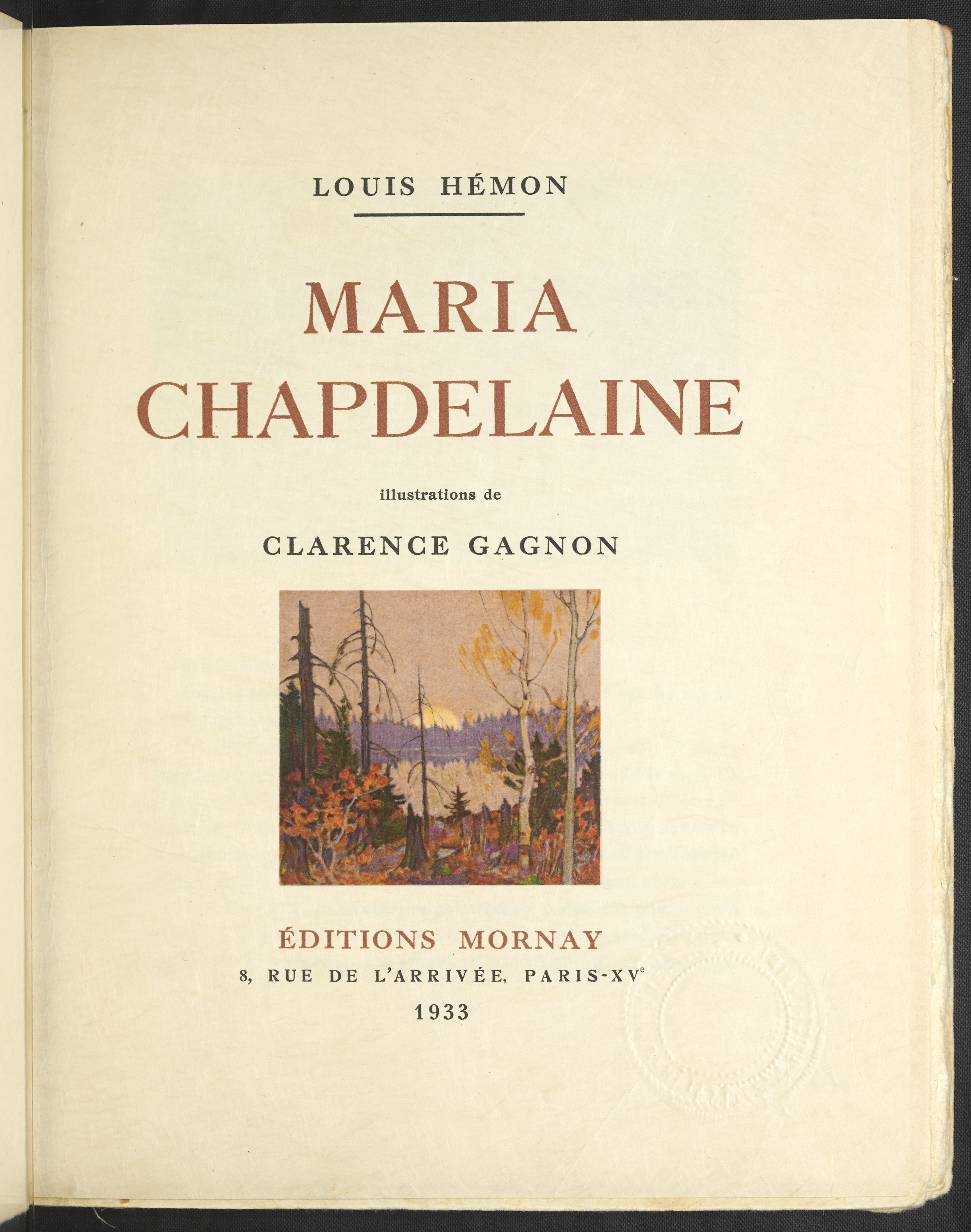 Page couverture du roman Maria Chapdelaine édité à Paris en 1933, ornée d'une illustration de Clarence Gagnon