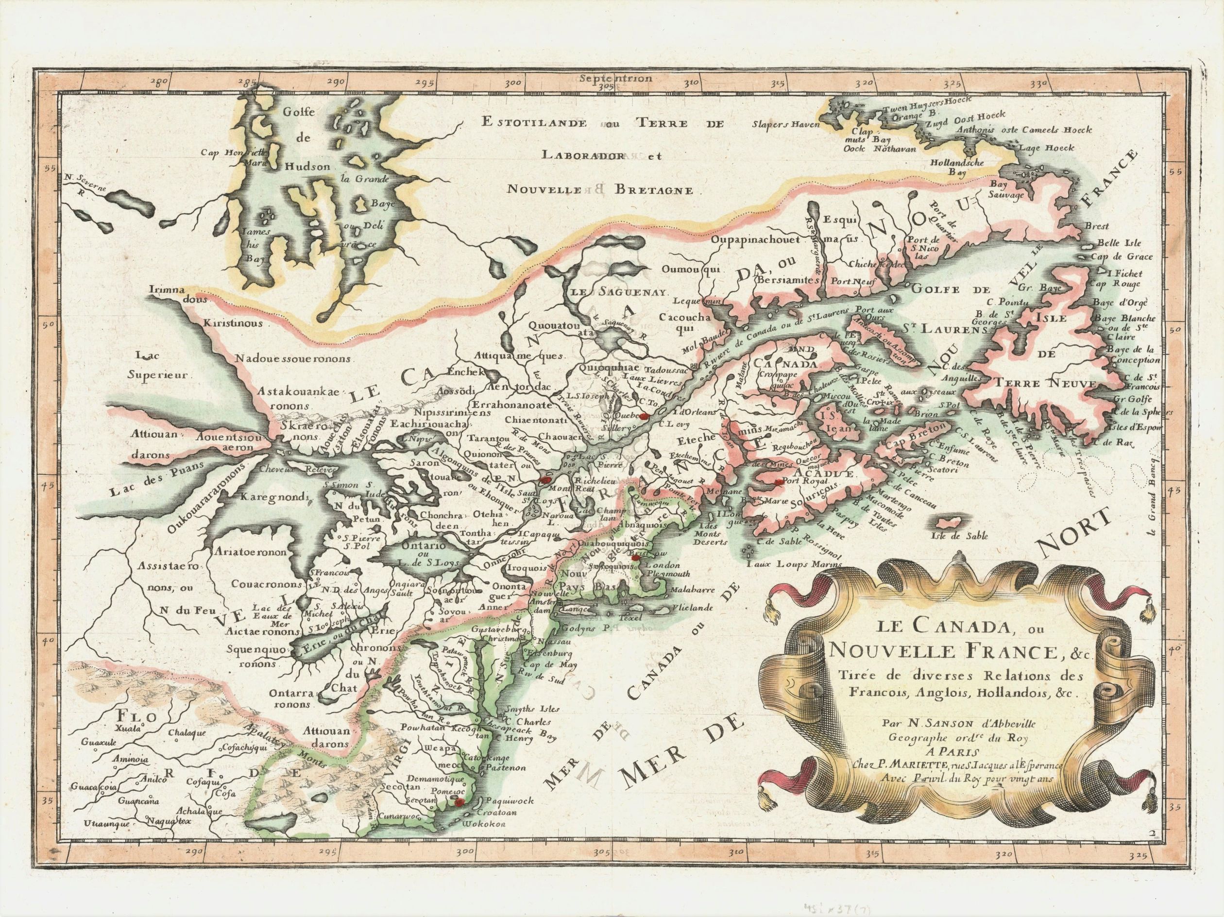 Détail d'une carte de la Nouvelle-France réalisée par Nicolas Sanson et publiée vers 1662