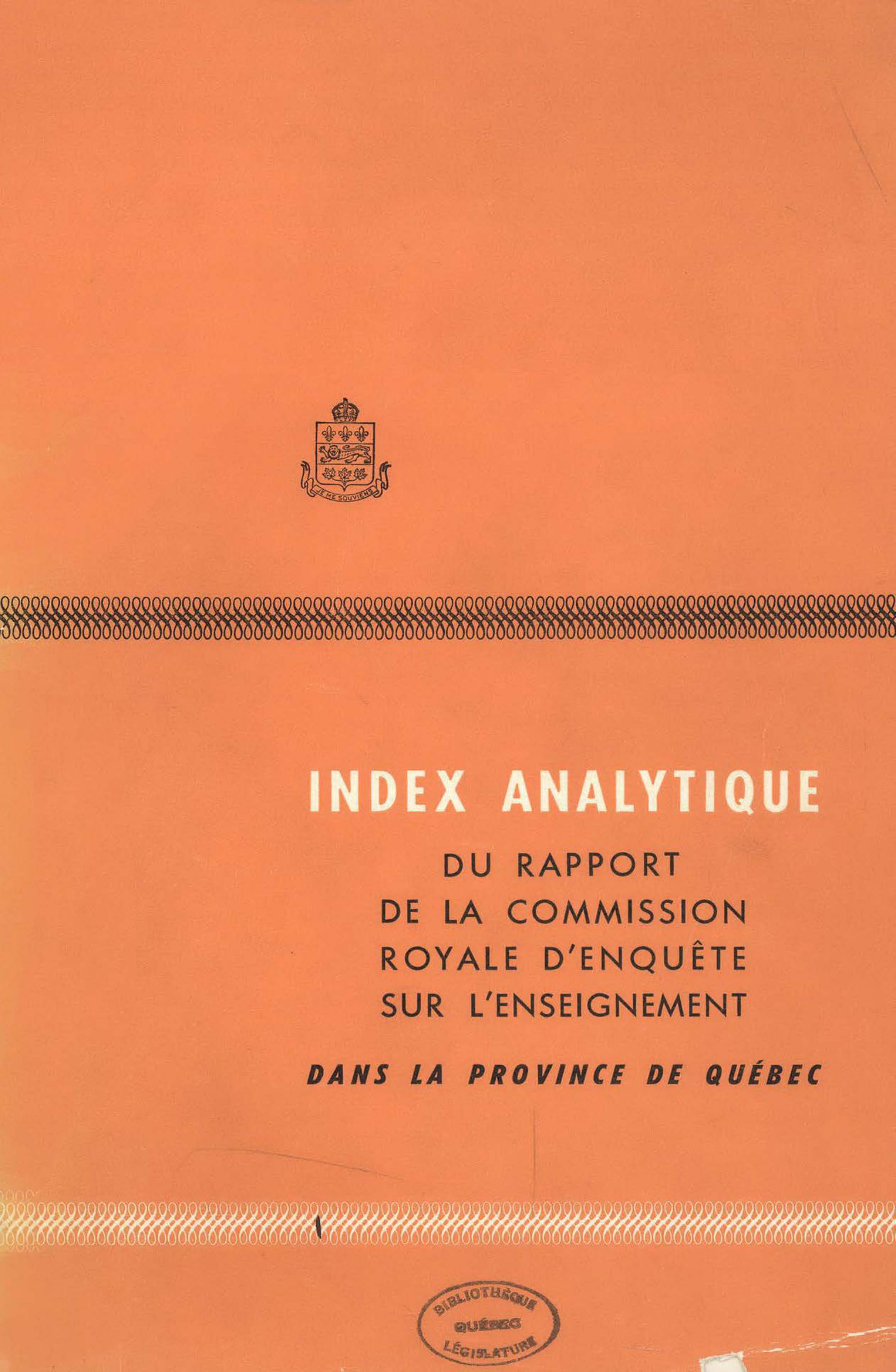 Page couverture de l'index analytique du Rapport Parent, 1966