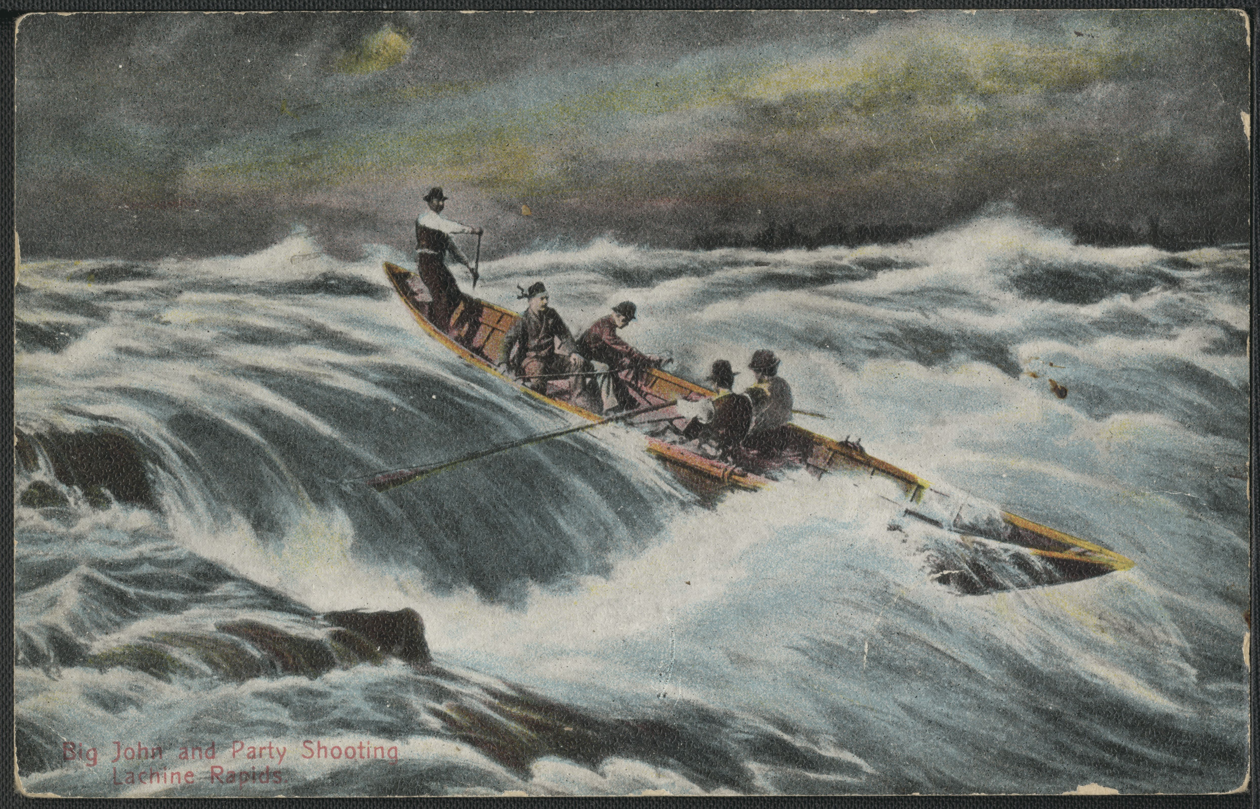 Cinq hommes sur un canot traverse les rapides de Lachine