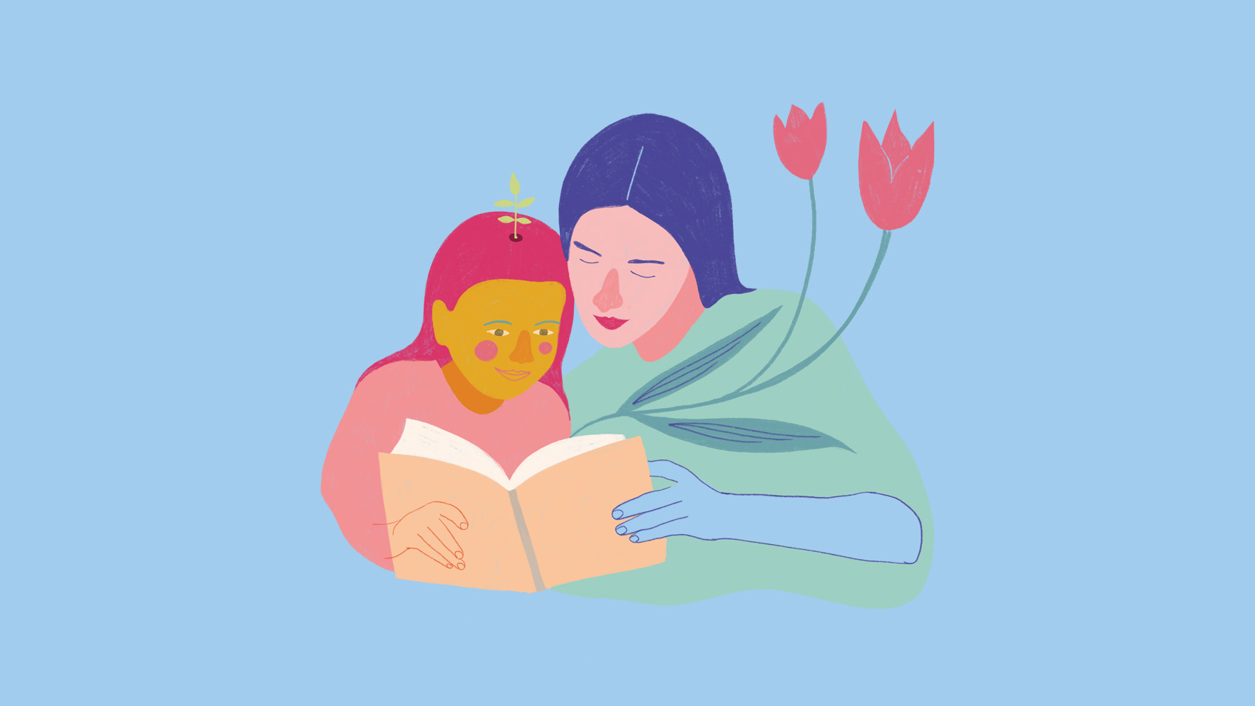 Illustration. Mère et fille lisant un livre.