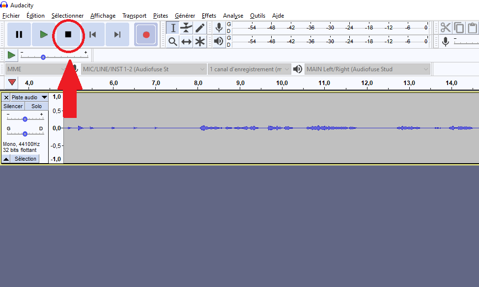 Bouton d'arrêt (carré noir) dans le menu du logiciel Audacity.