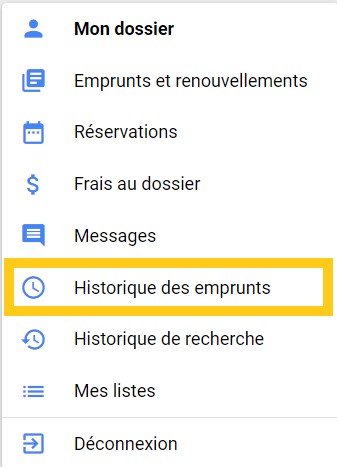 Capture d'écran Menu Mon dossier - Option Historique d'emprunt encadrée en jaune