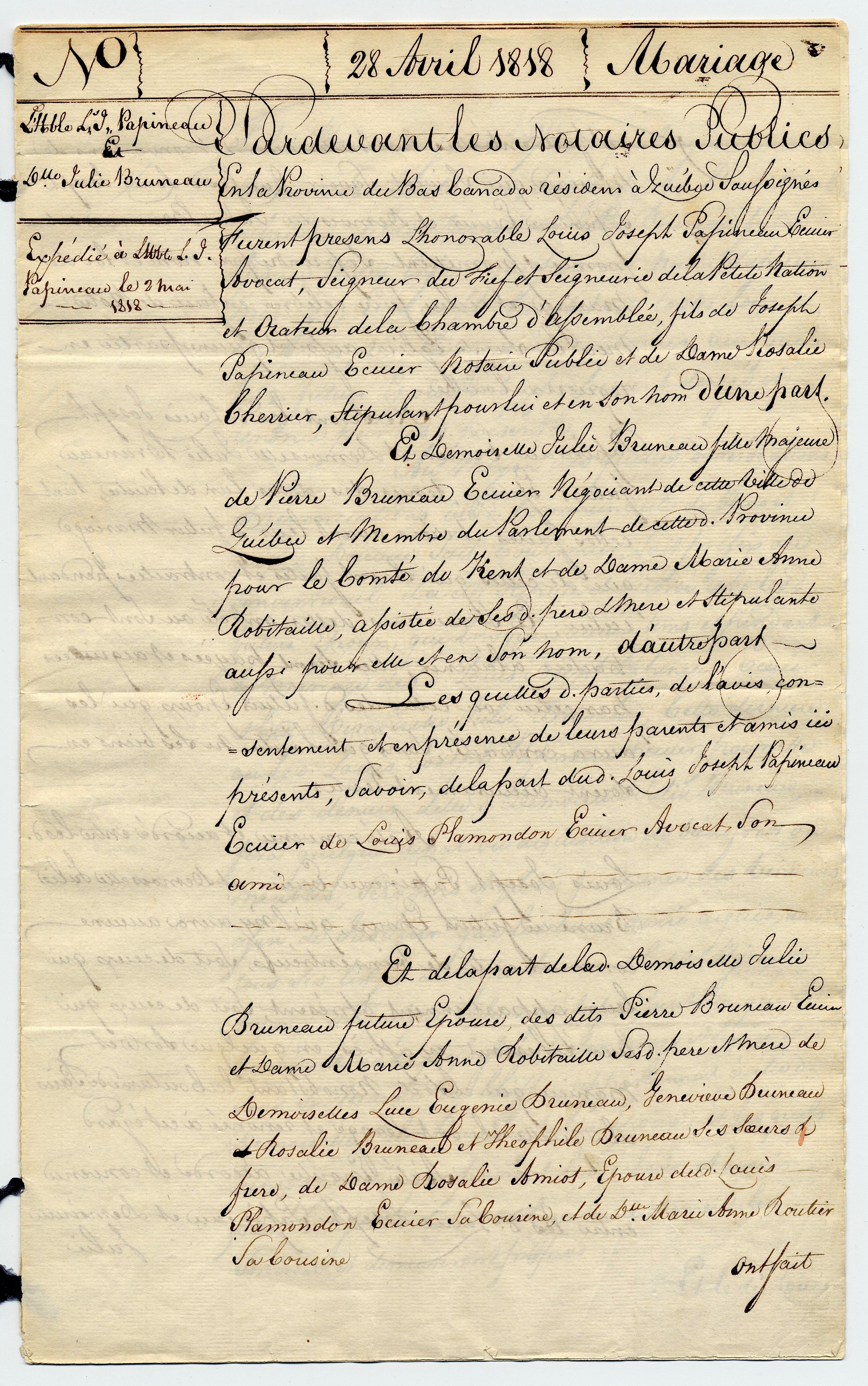 Acte de notaire manuscrit datant de 1818 documentant le contrat de mariage de Louis-Joseph Papineau et Rosalie Cherrier