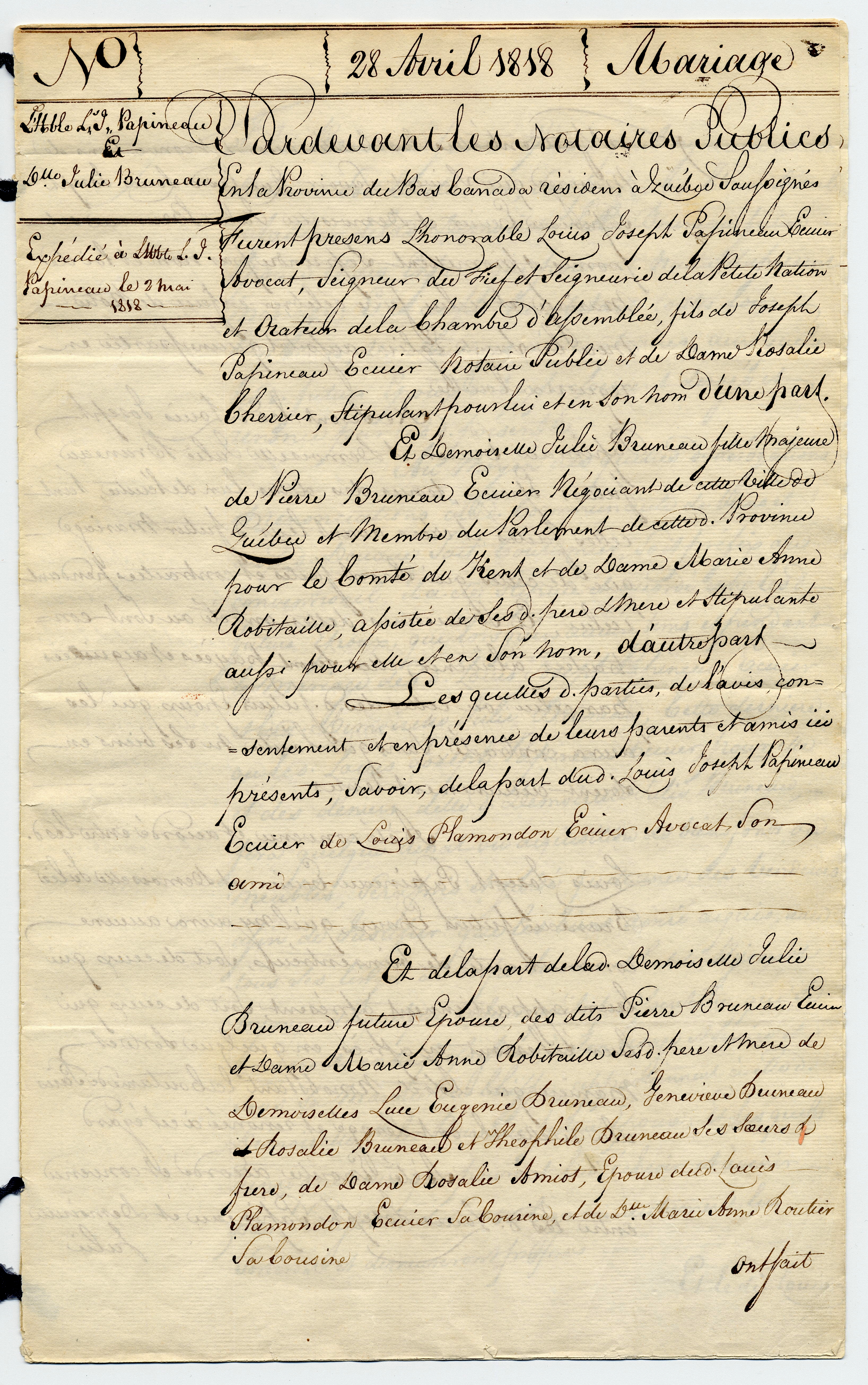 Acte de notaire manuscrit datant de 1818 documentant le contrat de mariage de Louis-Joseph Papineau et Rosalie Cherrier