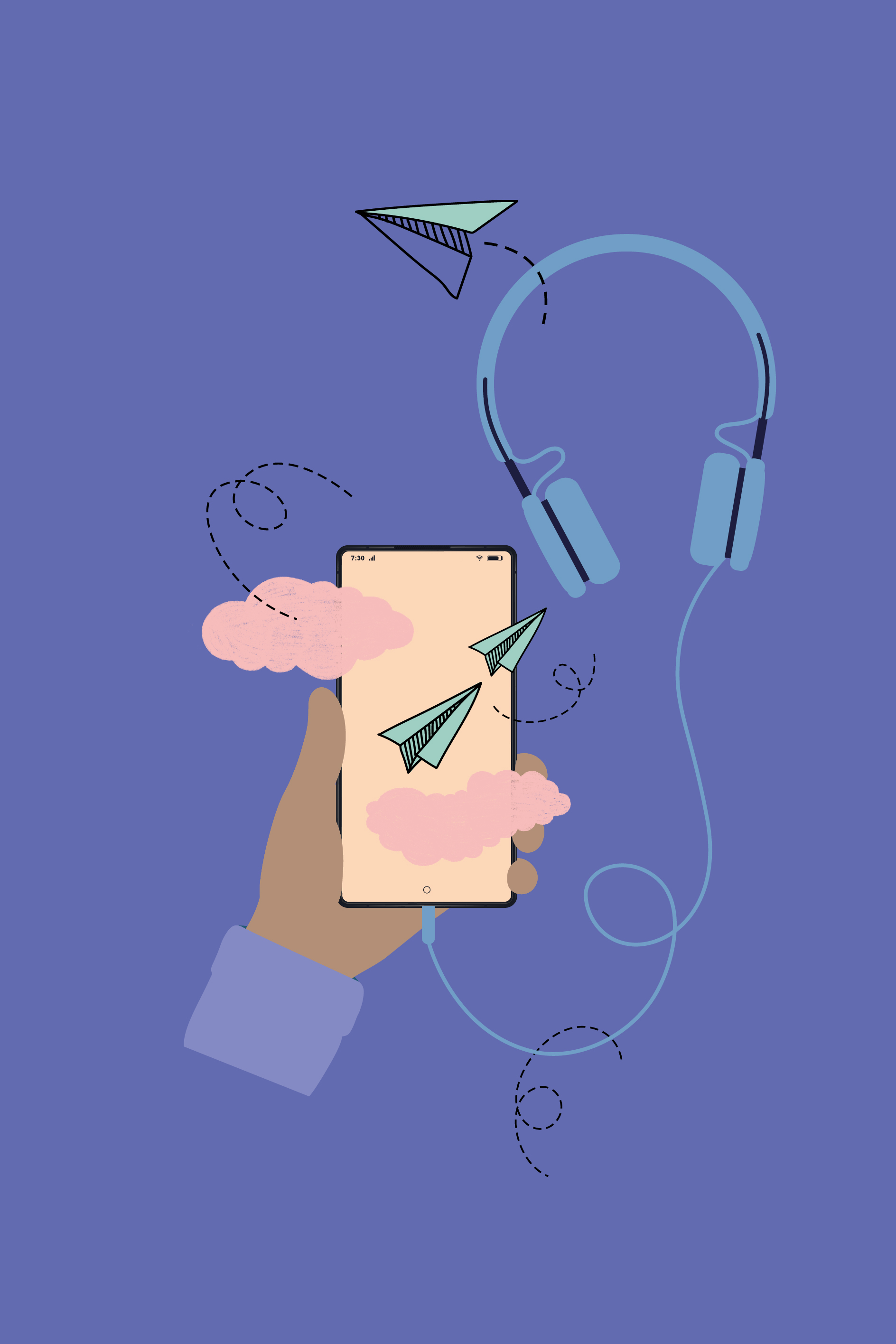 Illustration. Main tenant un téléphone auquel est branché un casque d'écoute.