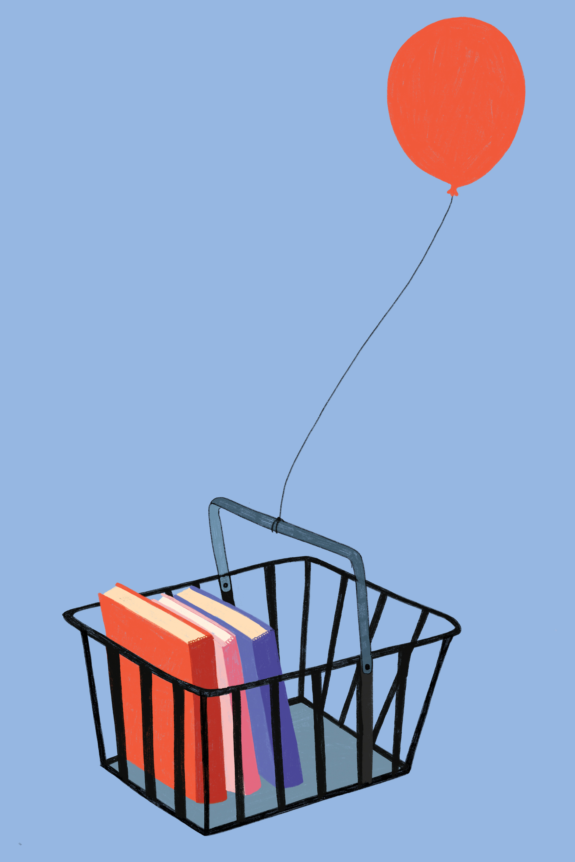 Illustration. Panier de livres porté par un ballon.