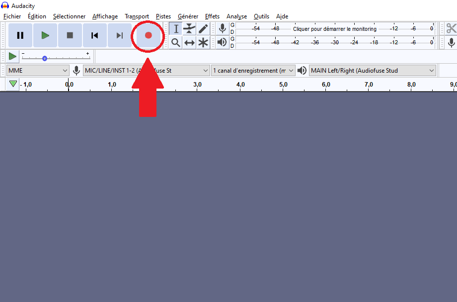 Bouton enregistrement (point rouge) dans le menu du logiciel Audacity.