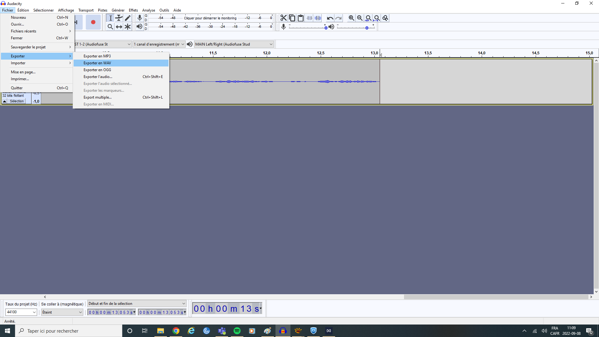 Fichier - Exporter dans le logiciel Audacity