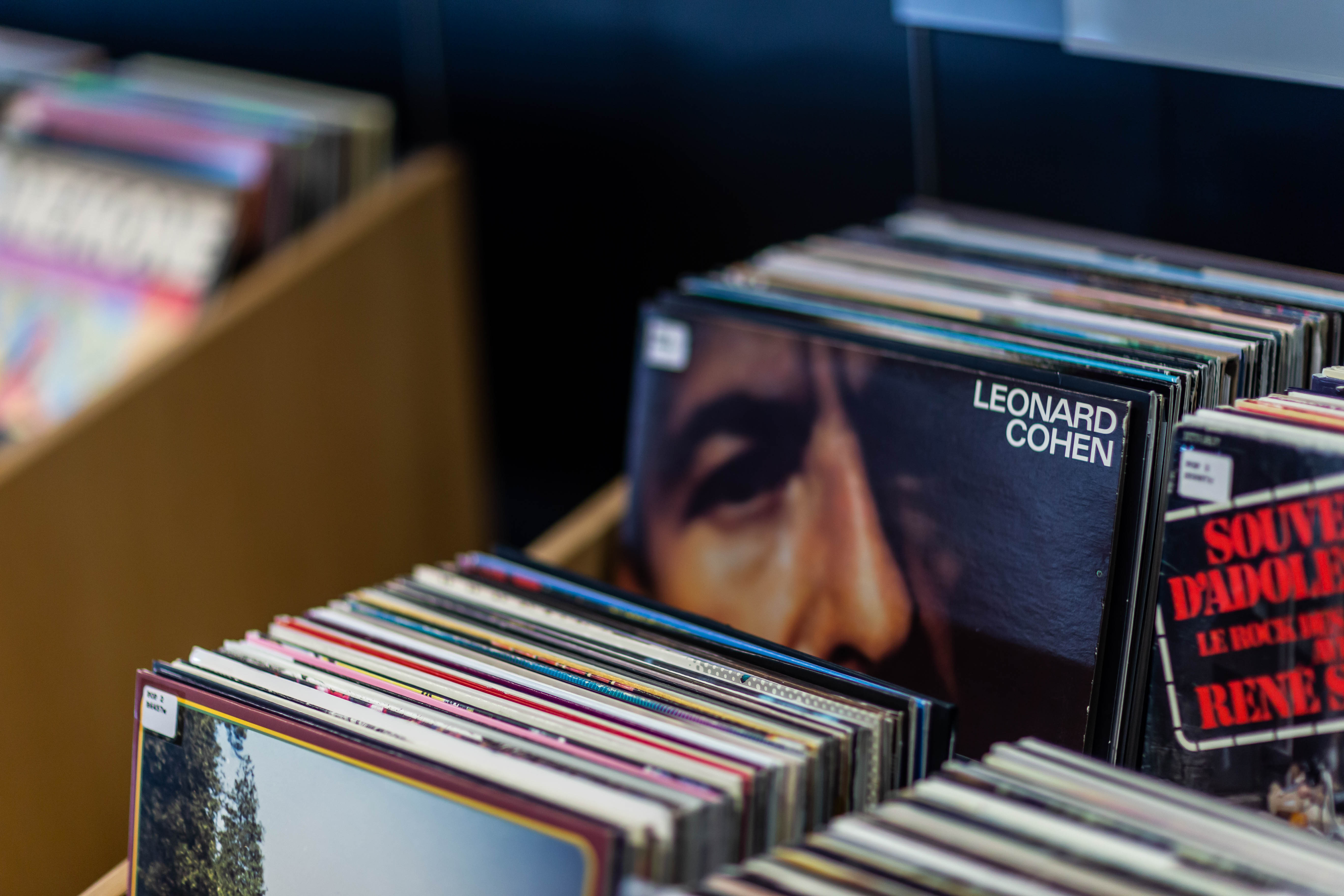 Pochettes de disque vinyles 33 tours dans un bac. Un disque de Leonard Cohen bien visible.