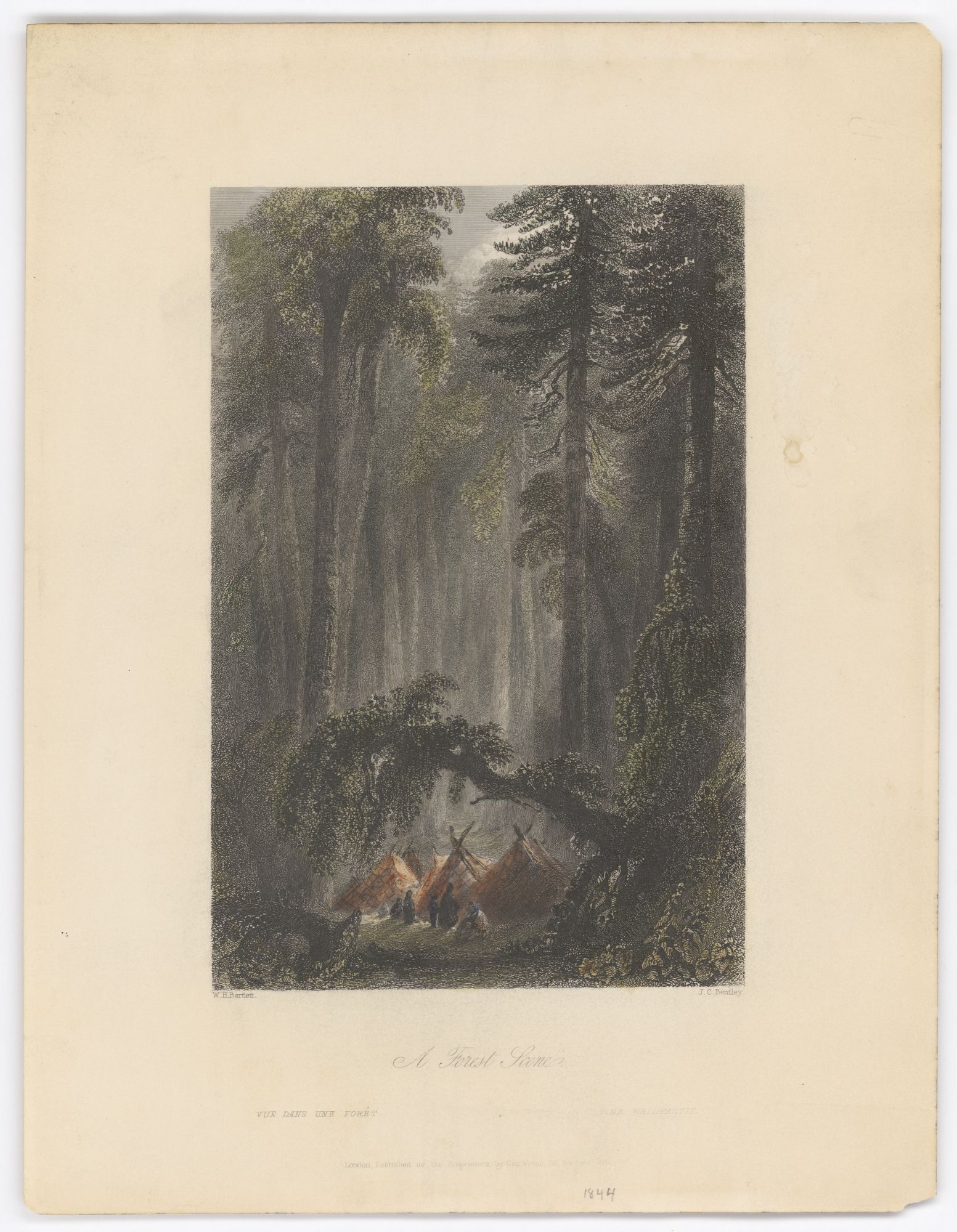 Estampe montrant un campement dans une forêt, la nuit.