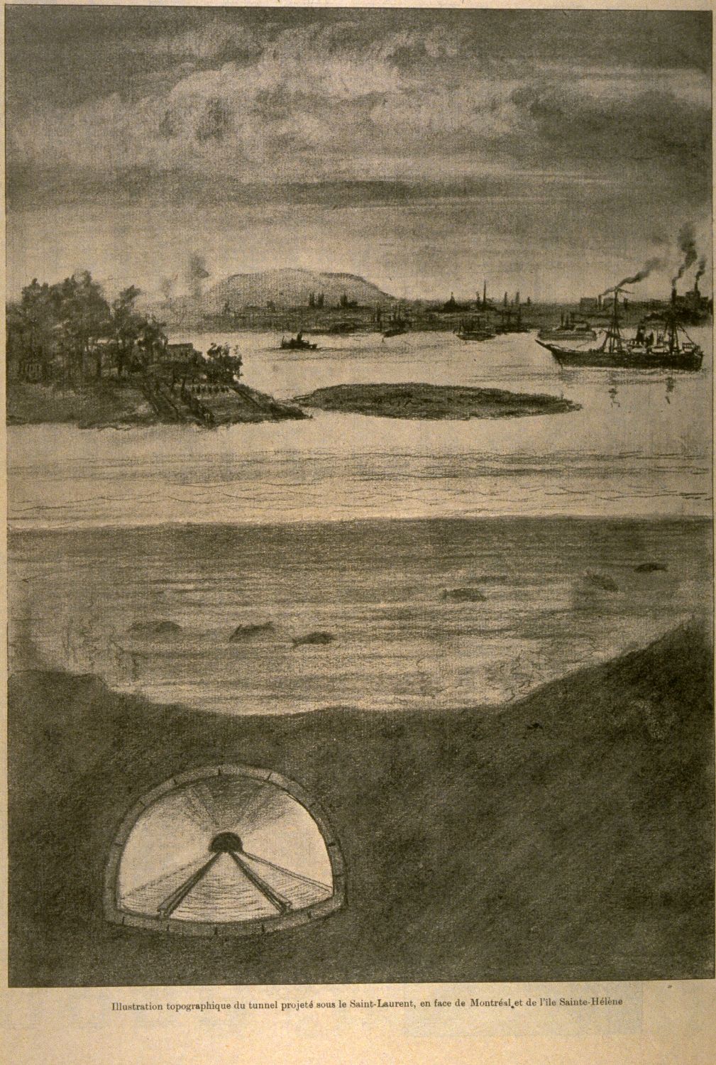 Vue d'une coupe transversale du projet de tunnel sous le fleuve Saint-Laurent. On y voit aussi des bateaux sur le fleuve, la ville de Montréal et le Mont-Royal en arrière-plan.