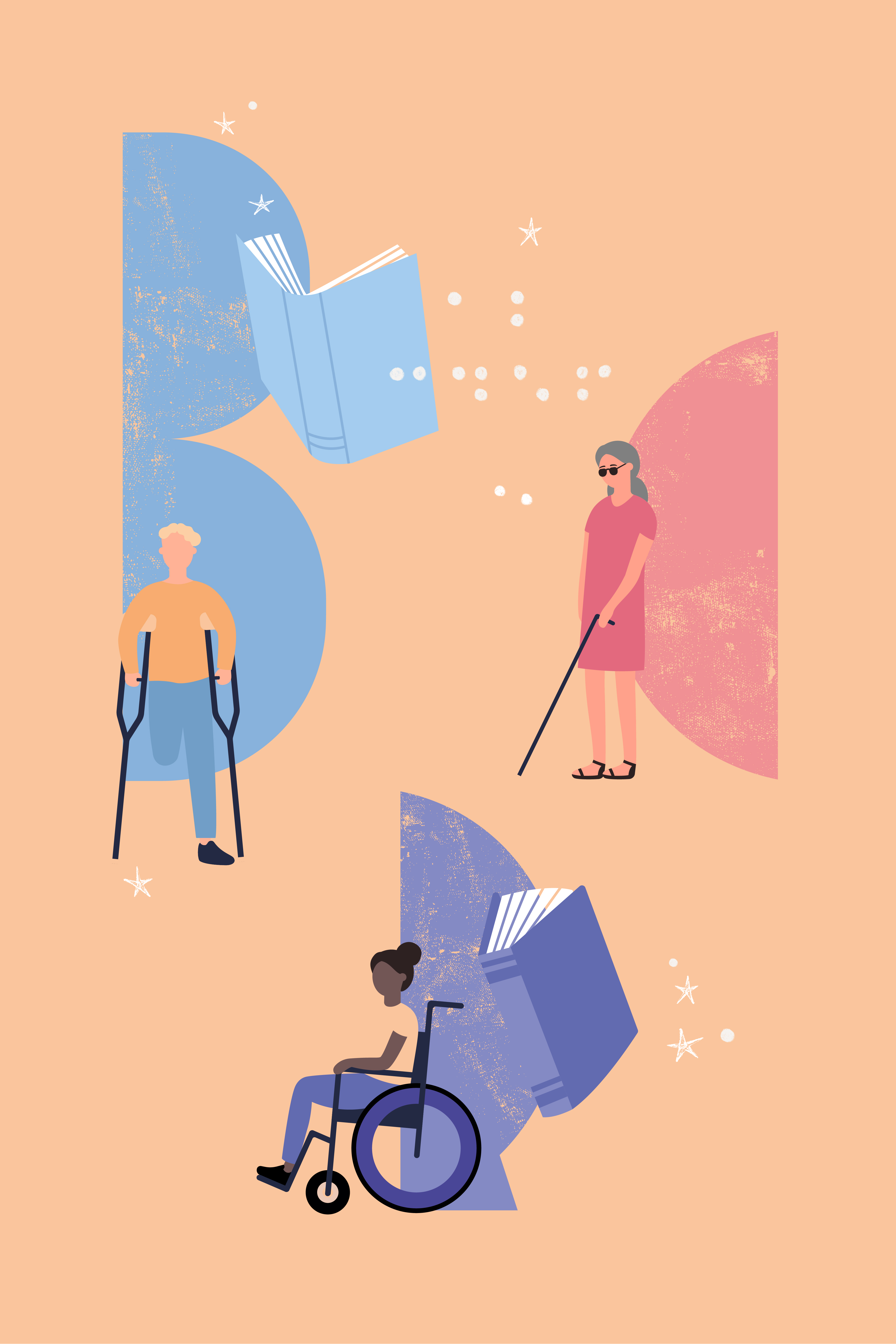 Illustration. Une personne amputée de la jambe, une autre en fauteuil roulant et une troisième avec des lunettes fumées et une canne.