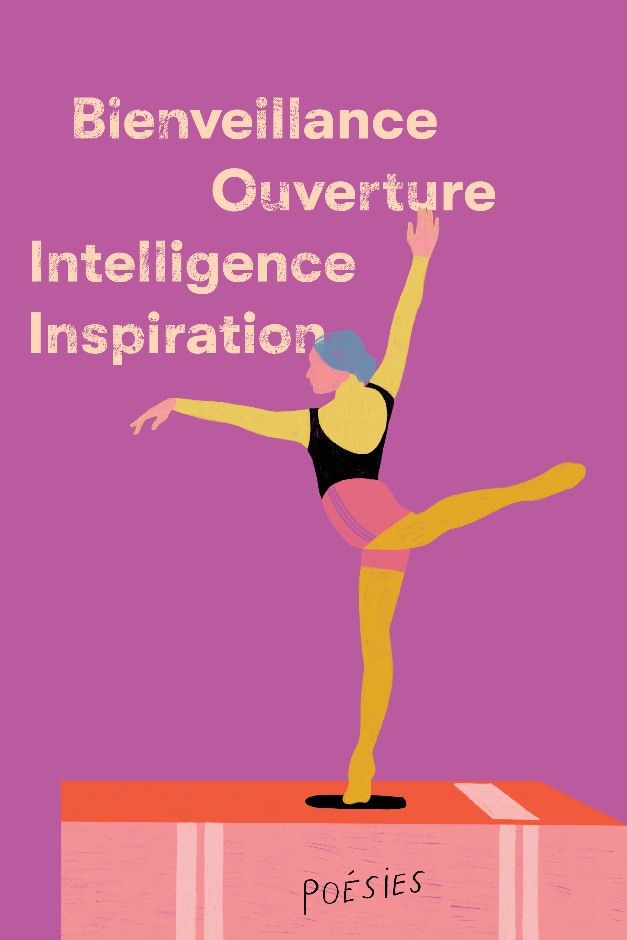 Illustration, danseuse en action; les mots Bienveillance, Ouverture, Intelligence et Inspiration figurent en arrière-plan.