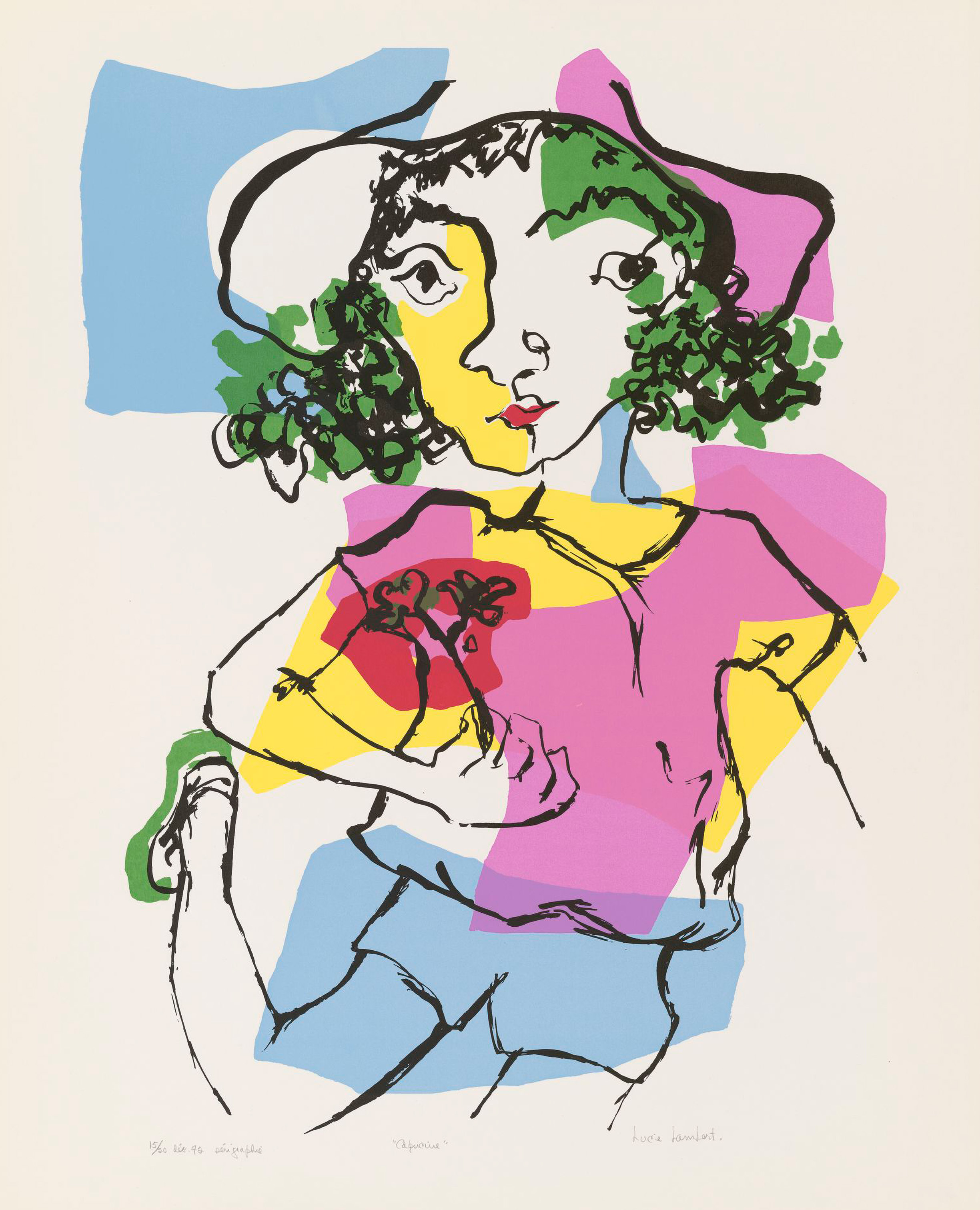 Dessin, jeune femme frisée portant un chapeau et des vêtements colorés.