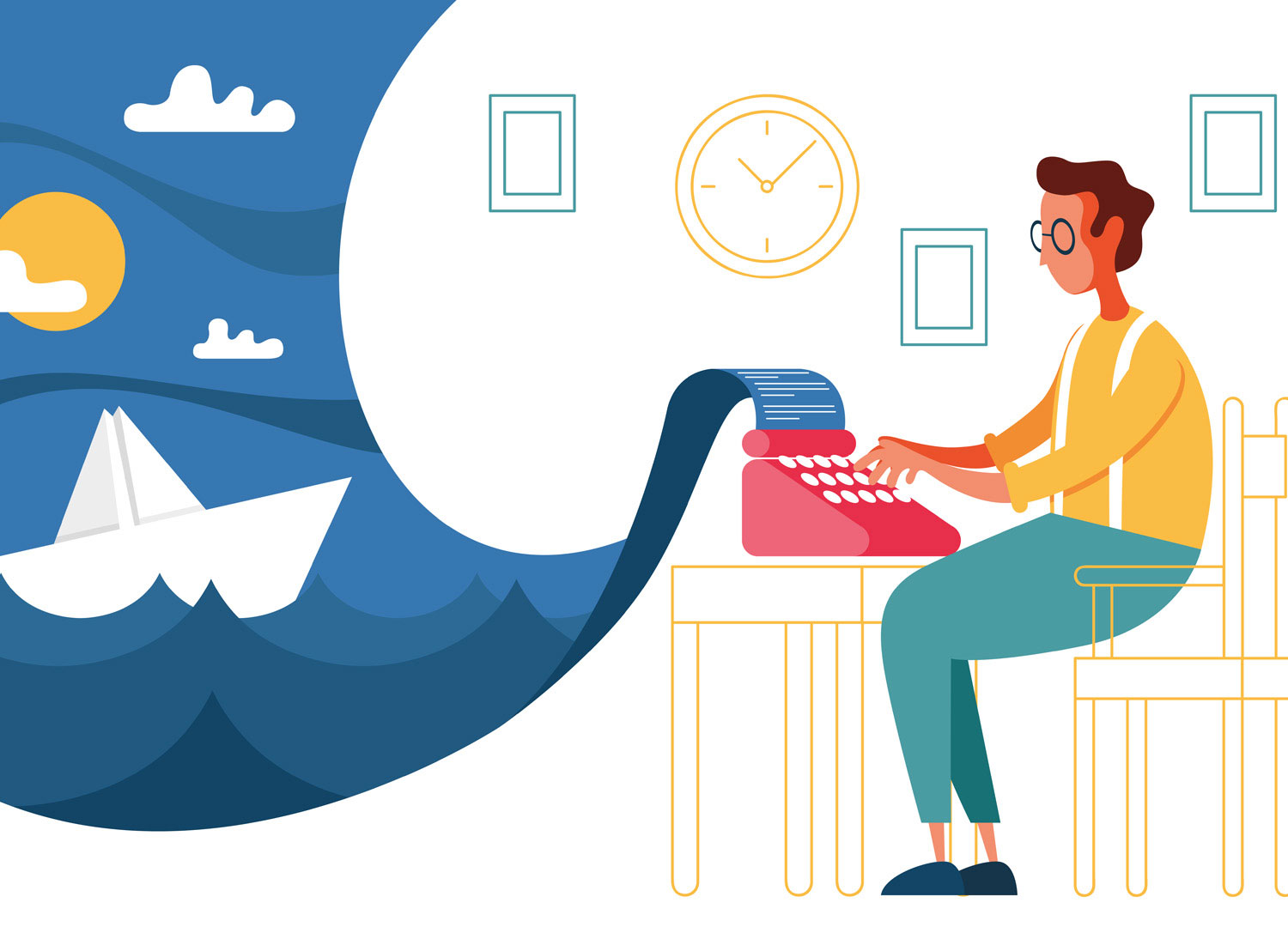 Illustration auteur tapant sur une machine à écrire.