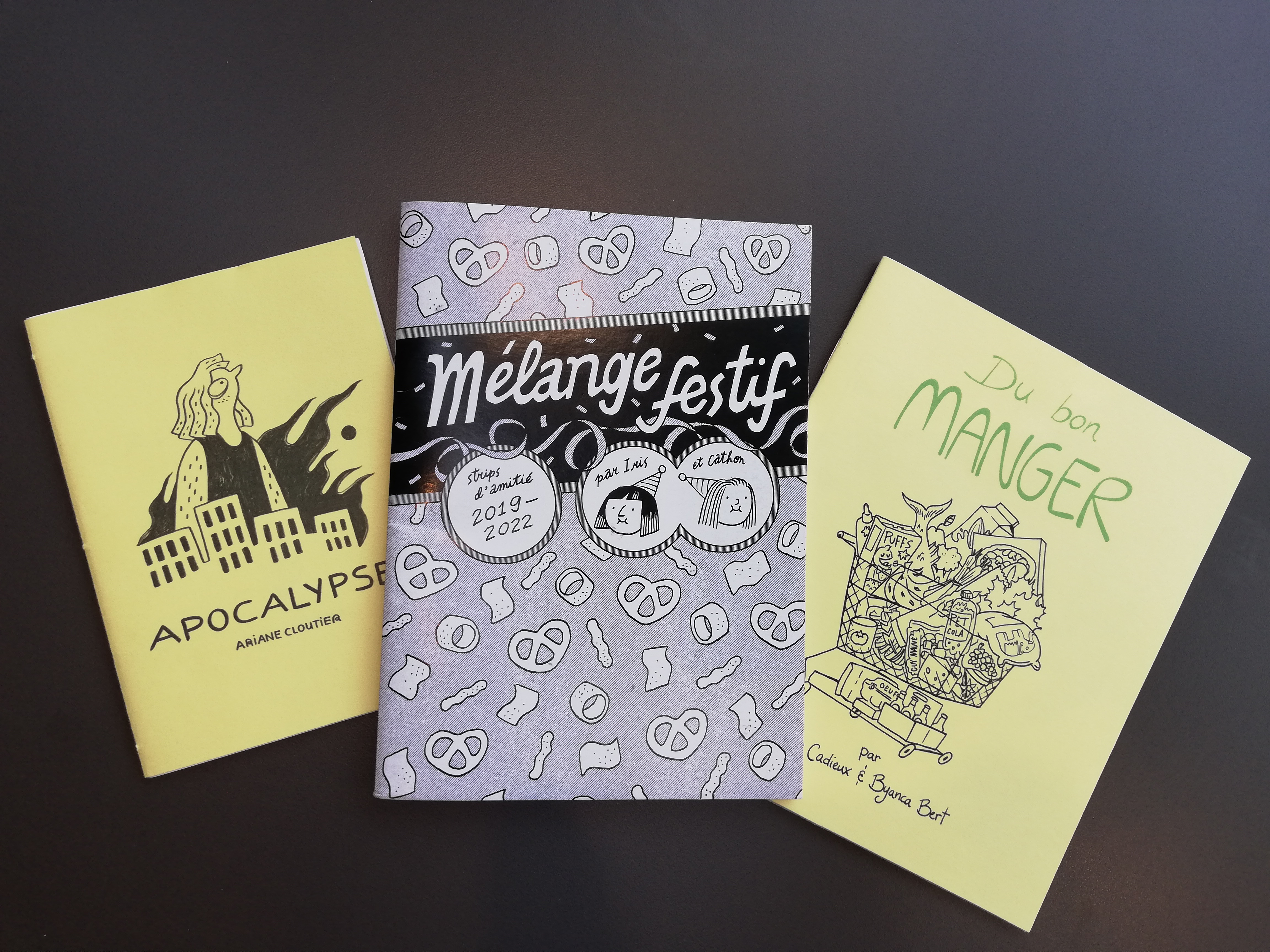 Trois zines : Apocalypse, Mélange festif et Du bon manger.