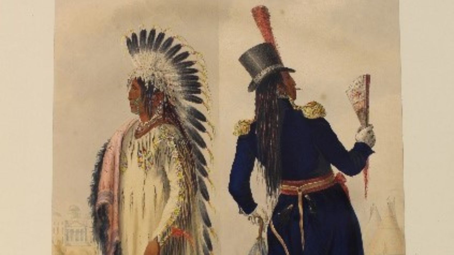 Illustration ancienne de deux personnes de communautés autochtones, un chef et sa coiffe de plume et une personne qui tient un éventail et un parapluie.
