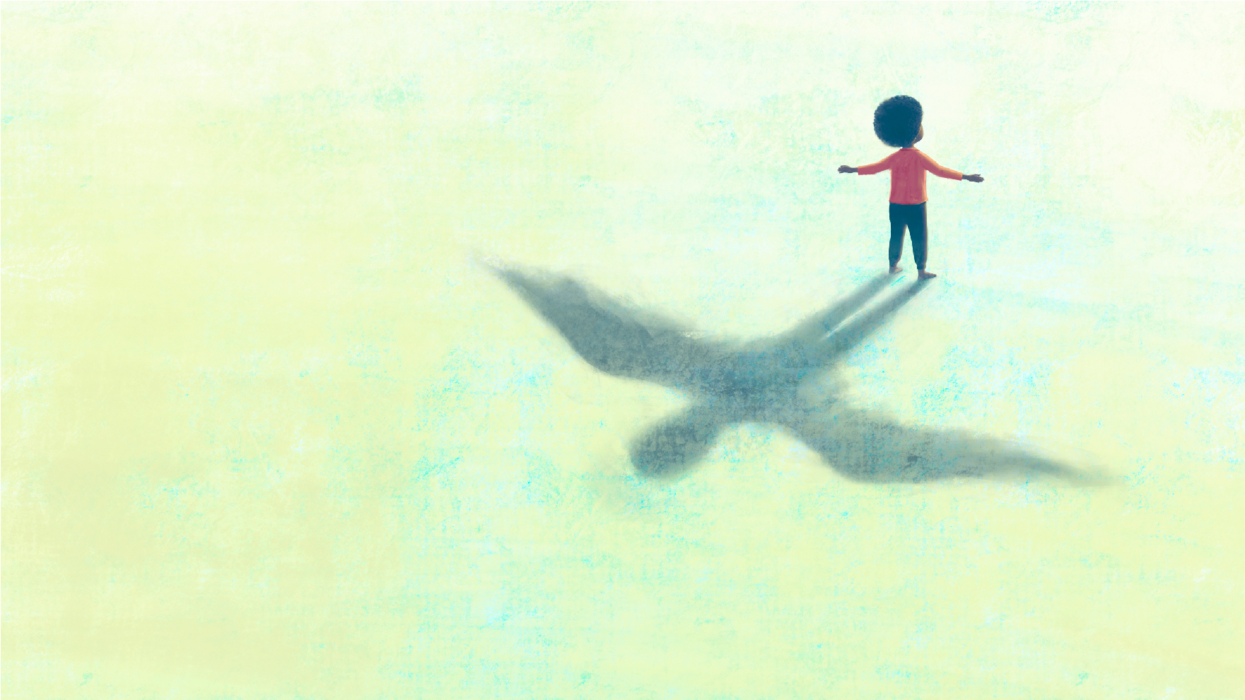 Illustration montrant un enfant dont l'ombre a des ailes.