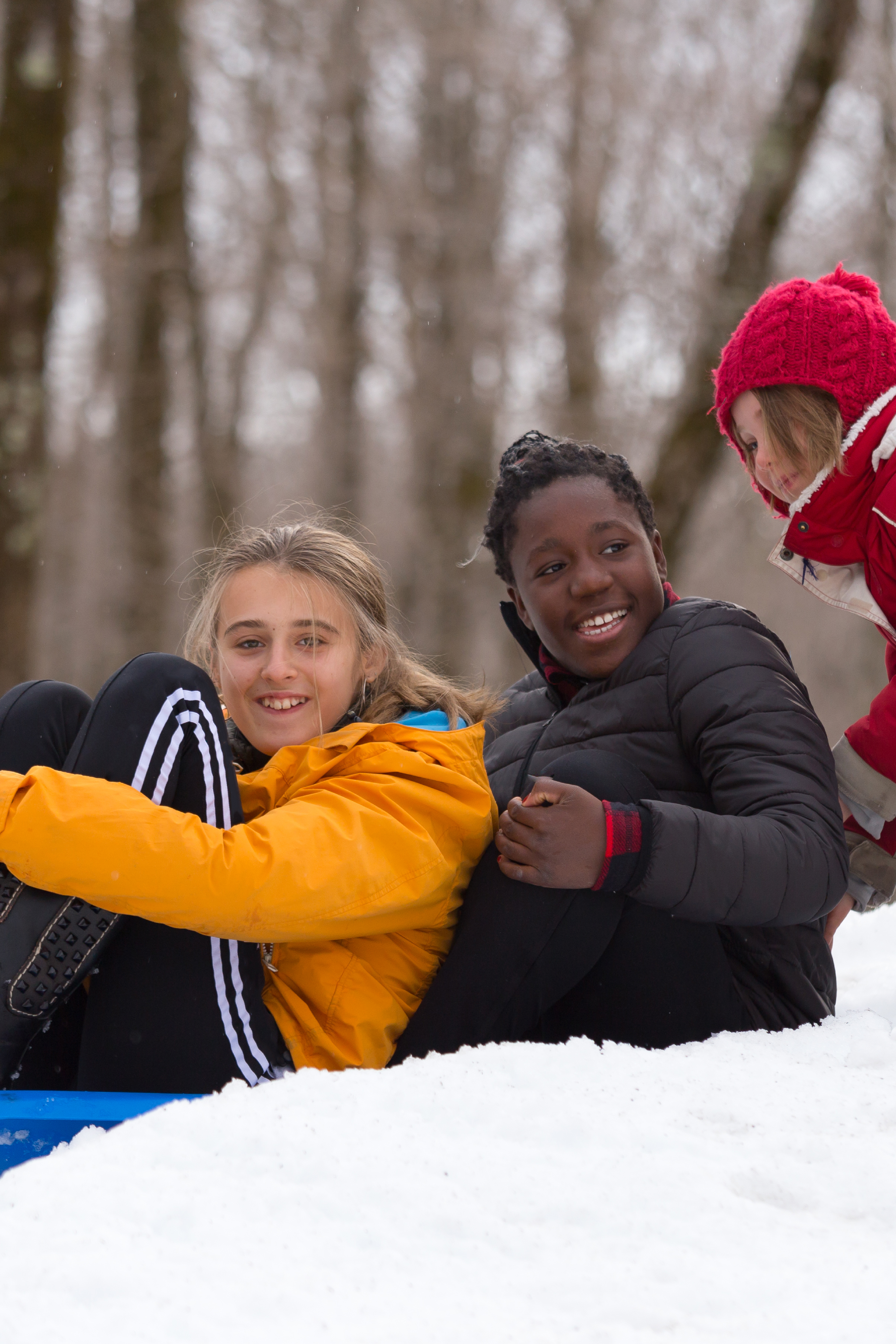 Des enfants sur une luge dans la neige.