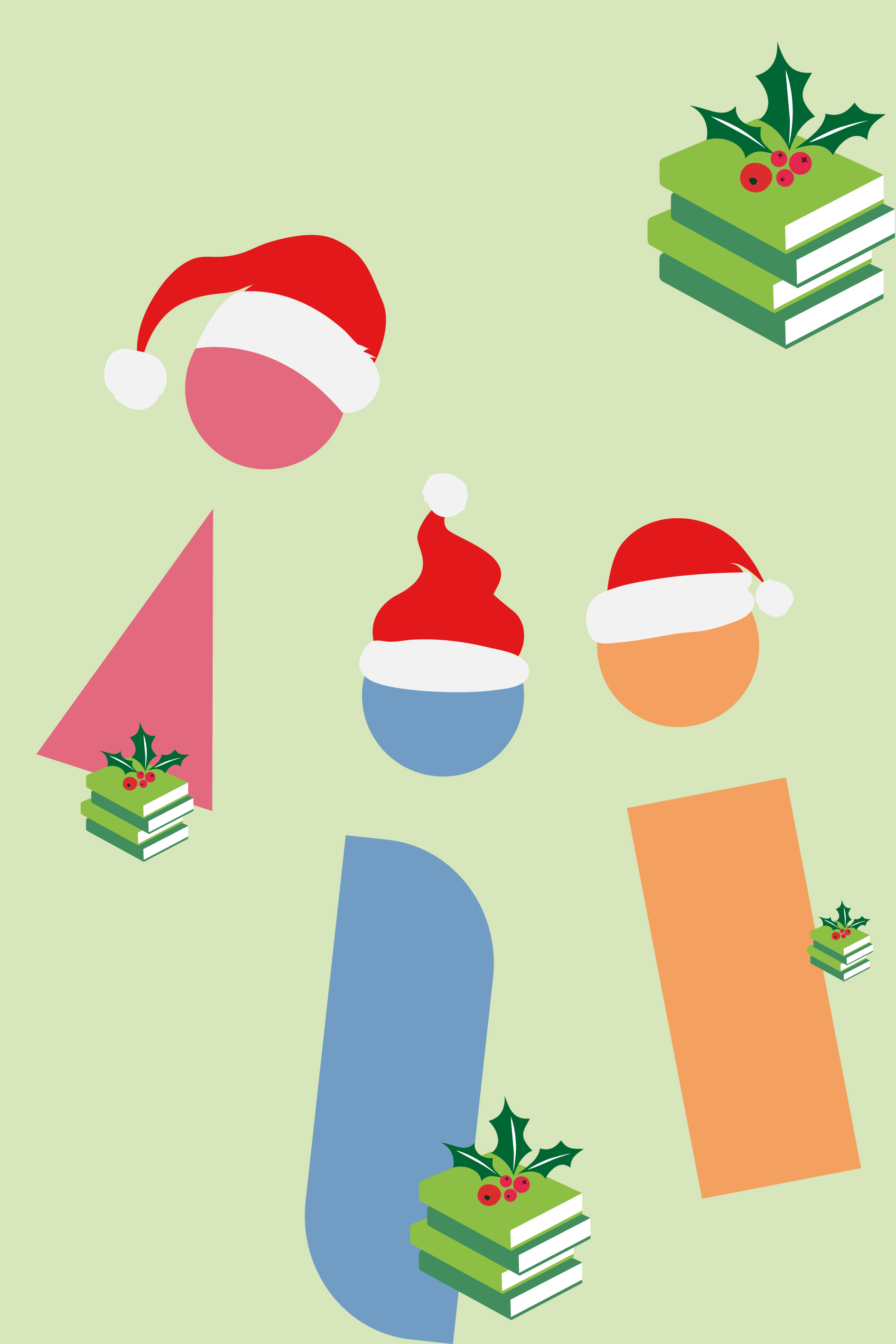 Illustration de bonhommes avec des chapeaux de Noël et des livres