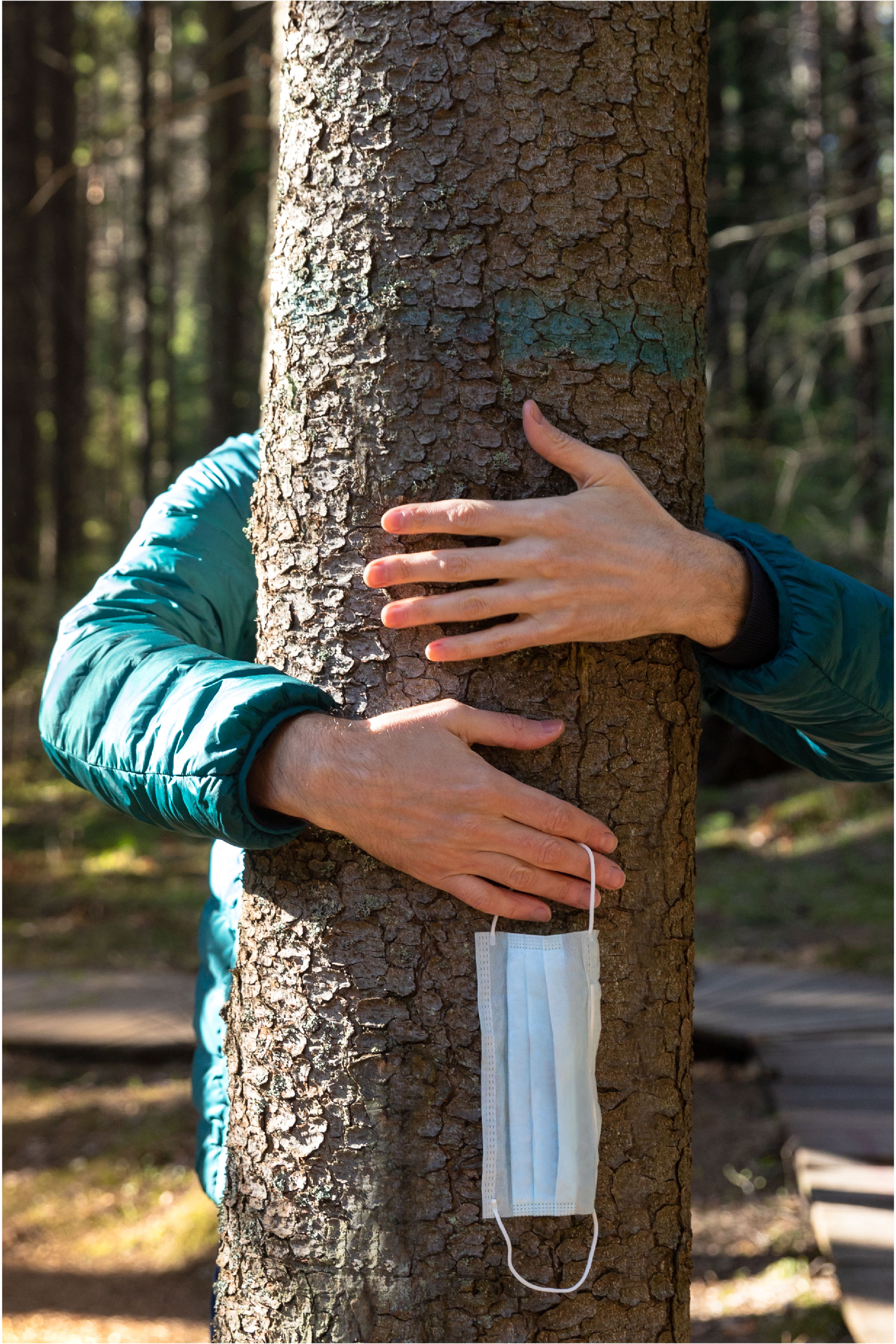 Une personne qui tient un masque de procédure dans sa main entoure un tronc d'arbre de ses deux bras.