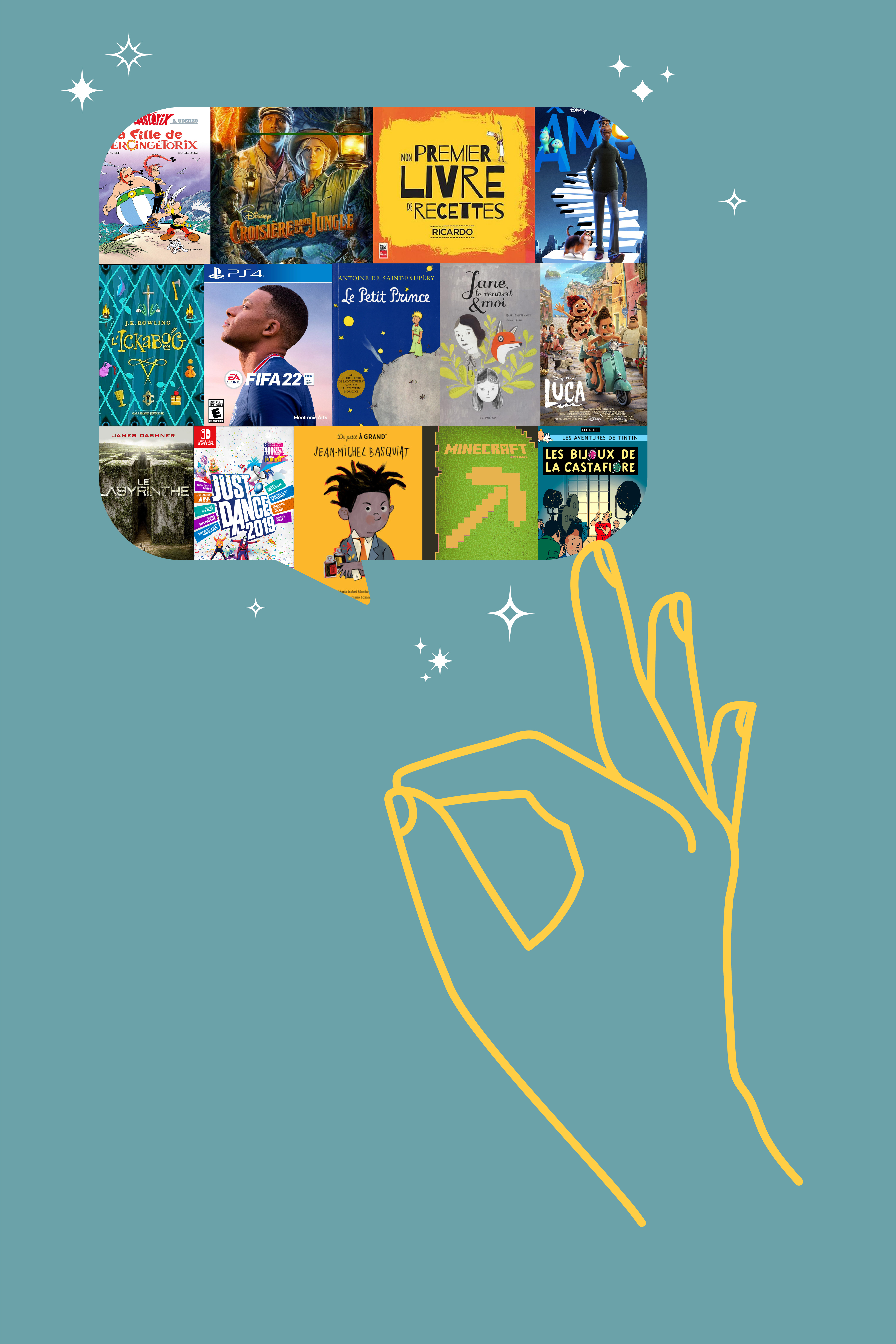Illustration montrant une main qui tient une bulle contenant des couvertures de livres et pochettes de jeux vidéo.