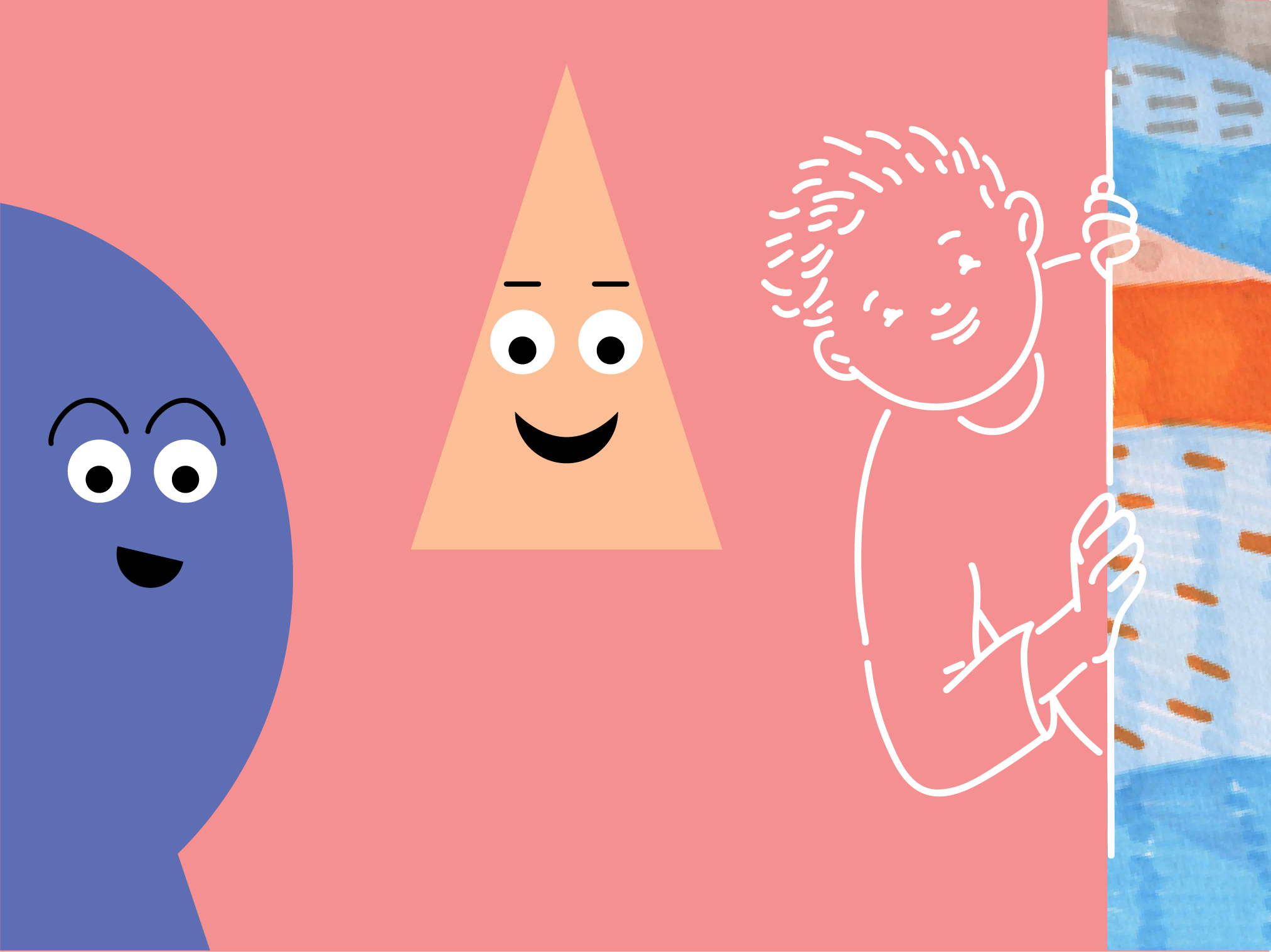 Illustration d'un jeune homme et de deux formes géométriques souriant