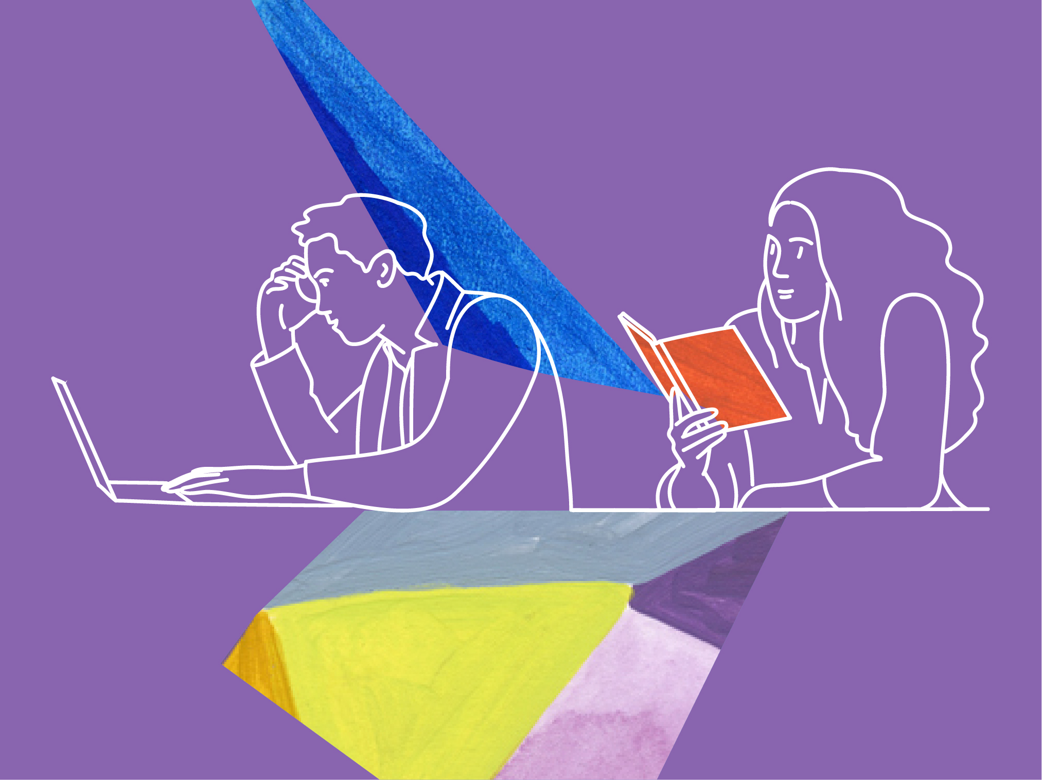 Illustration d'un étudiant utilisant son ordinateur portable et d'une étudiante lisant un livre