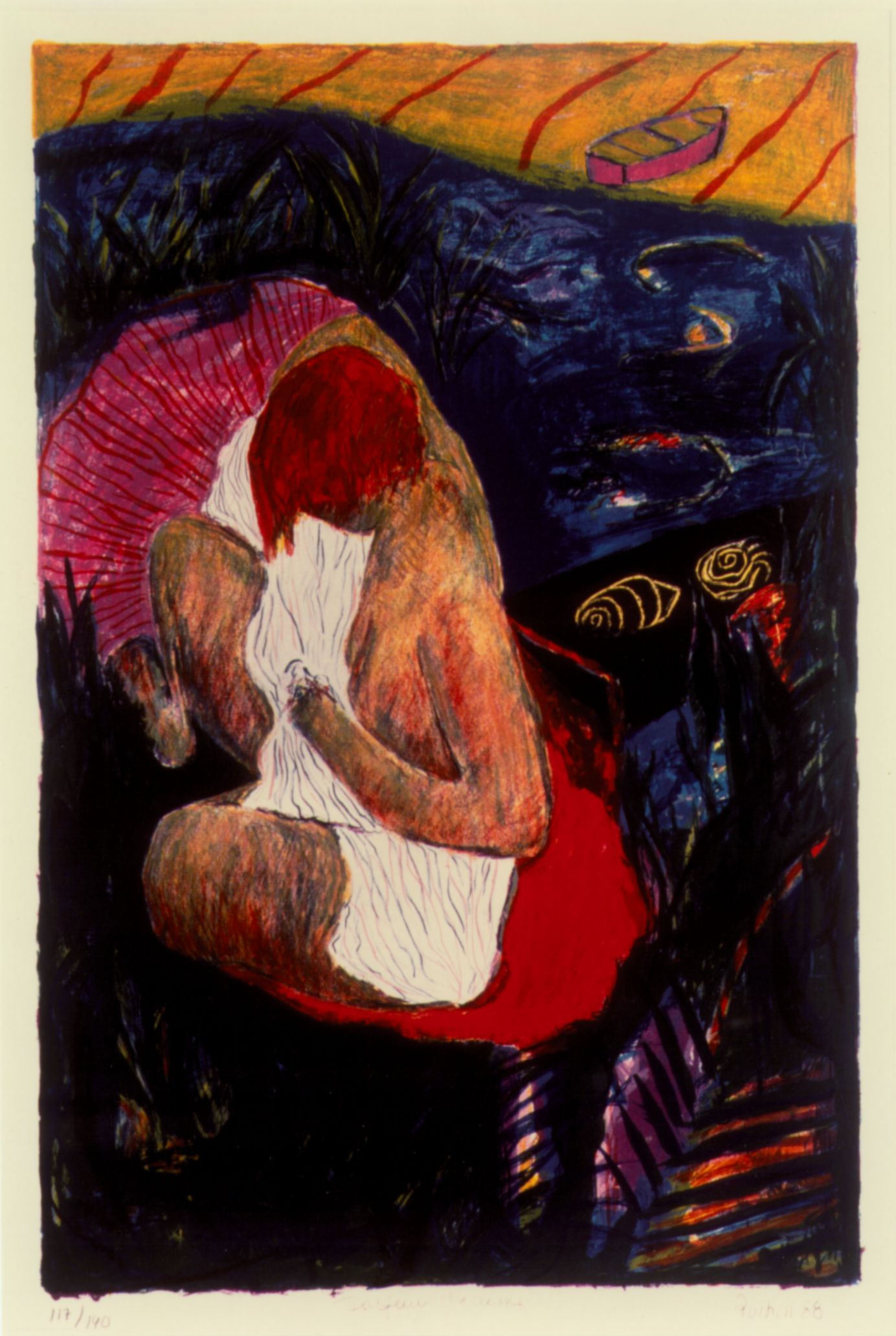 illustration d'une femme avec son enfant dans les bras et le fleuve derrière eux