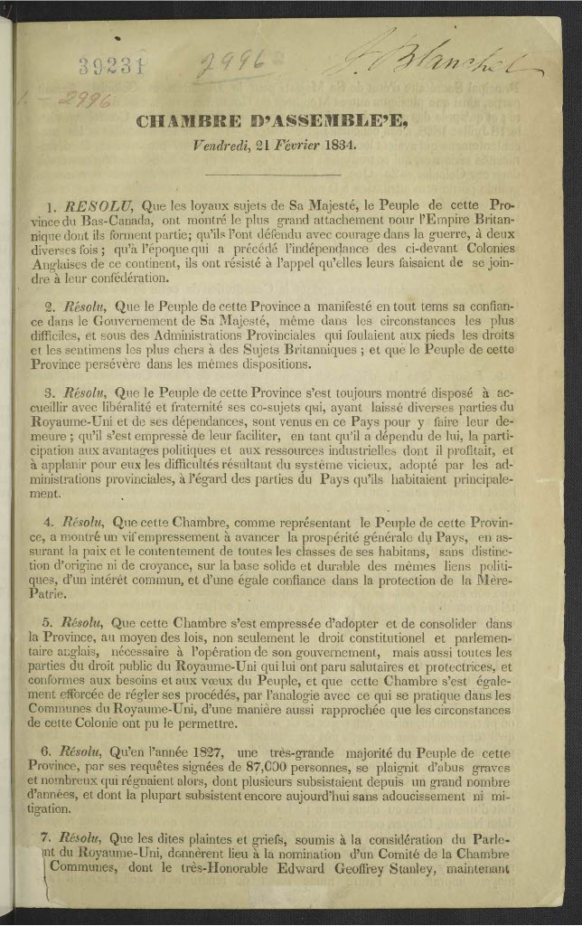 Détail de la première page de Quatre-vingt-douze résolutions proposées à la Chambre d’assemblée, 1834.